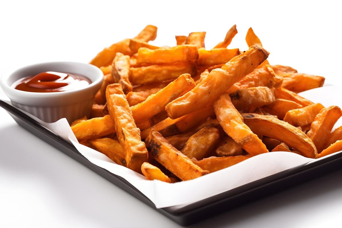 A tray of crispy sweet potato fries with dipping sauce, close-up, white background, realism, hd, 35mm photograph, sharp, sharpened, 8k picture