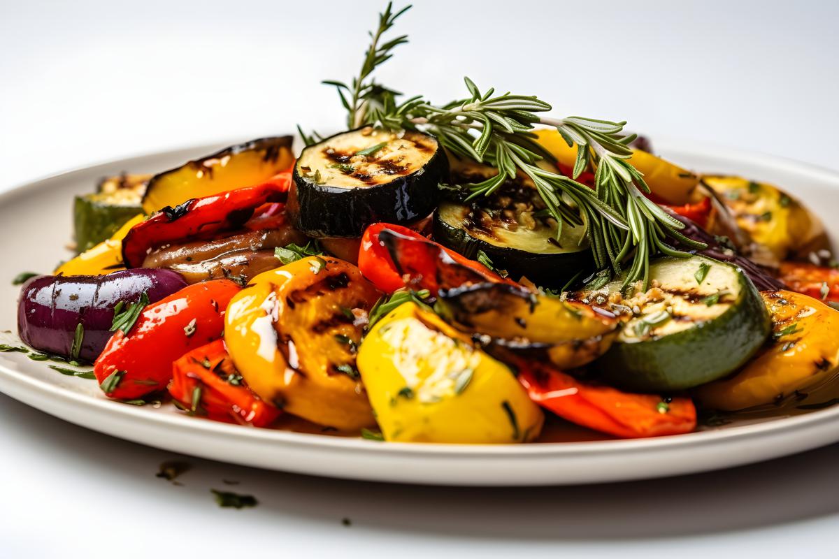 A platter of grilled vegetables with olive oil and herbs, close-up, white background, realism, hd, 35mm photograph, sharp, sharpened, 8k picture