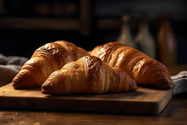 Freshly baked croissants on a wooden table, close-up, white background, realism, hd, 35mm photograph, sharp, sharpened, 8k