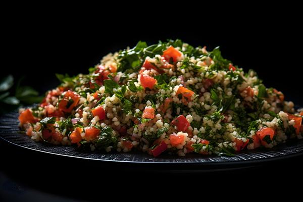 A platter of Mediterranean-style tabbouleh salad, macro close-up, black background, realism, hd, 35mm photograph, sharp, sharpened, 8k