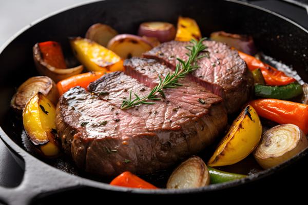 Sizzling steak on a cast-iron skillet with vegetables, close-up, white background, realism, hd, 35mm photograph, sharp, sharpened, 8k