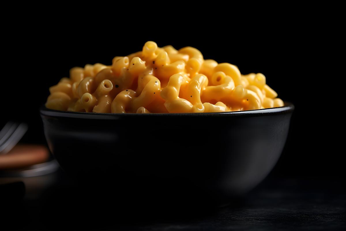 A bowl of creamy macaroni and cheese, macro close-up, black background, realism, hd, 35mm photograph, sharp, sharpened, 8k picture