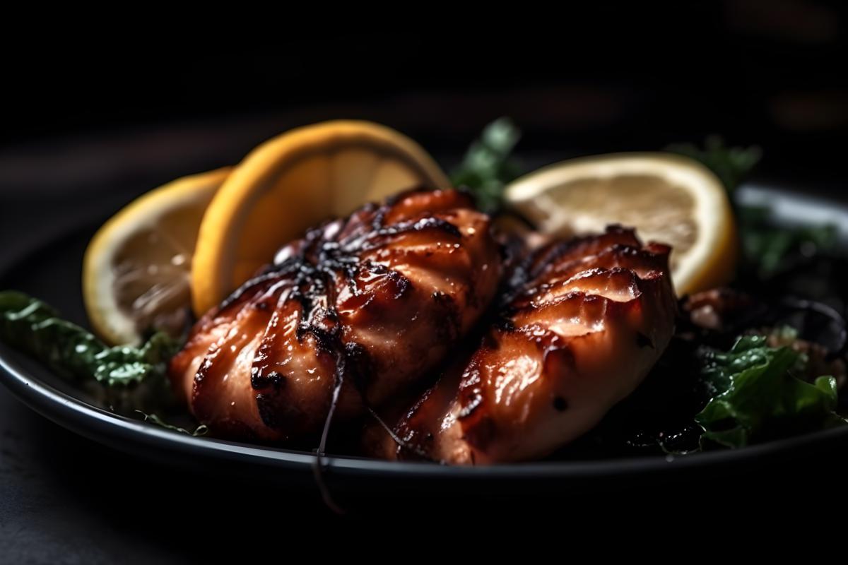 A plate of grilled octopus with lemon and garlic, macro close-up, black background, realism, hd, 35mm photograph, sharp, sharpened, 8k picture