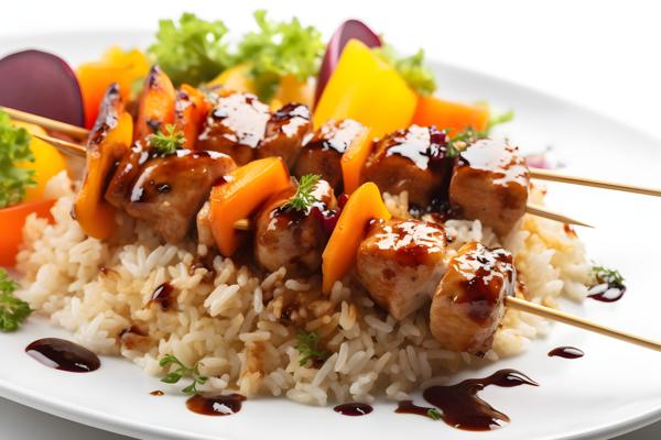 Grilled chicken skewers with vegetables and rice, close-up, white background, realism, hd, 35mm photograph, sharp, sharpened, 8k