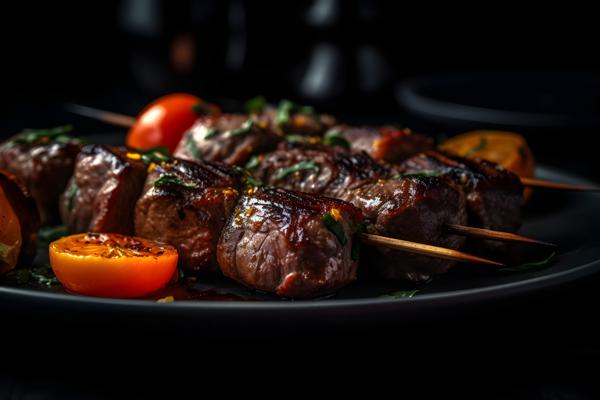 A plate of grilled beef kebabs with vegetables, macro close-up, black background, realism, hd, 35mm photograph, sharp, sharpened, 8k
