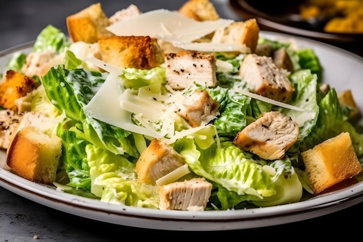 A plate of grilled chicken Caesar salad with croutons, close-up, white background, realism, hd, 35mm photograph, sharp, sharpened, 8k picture