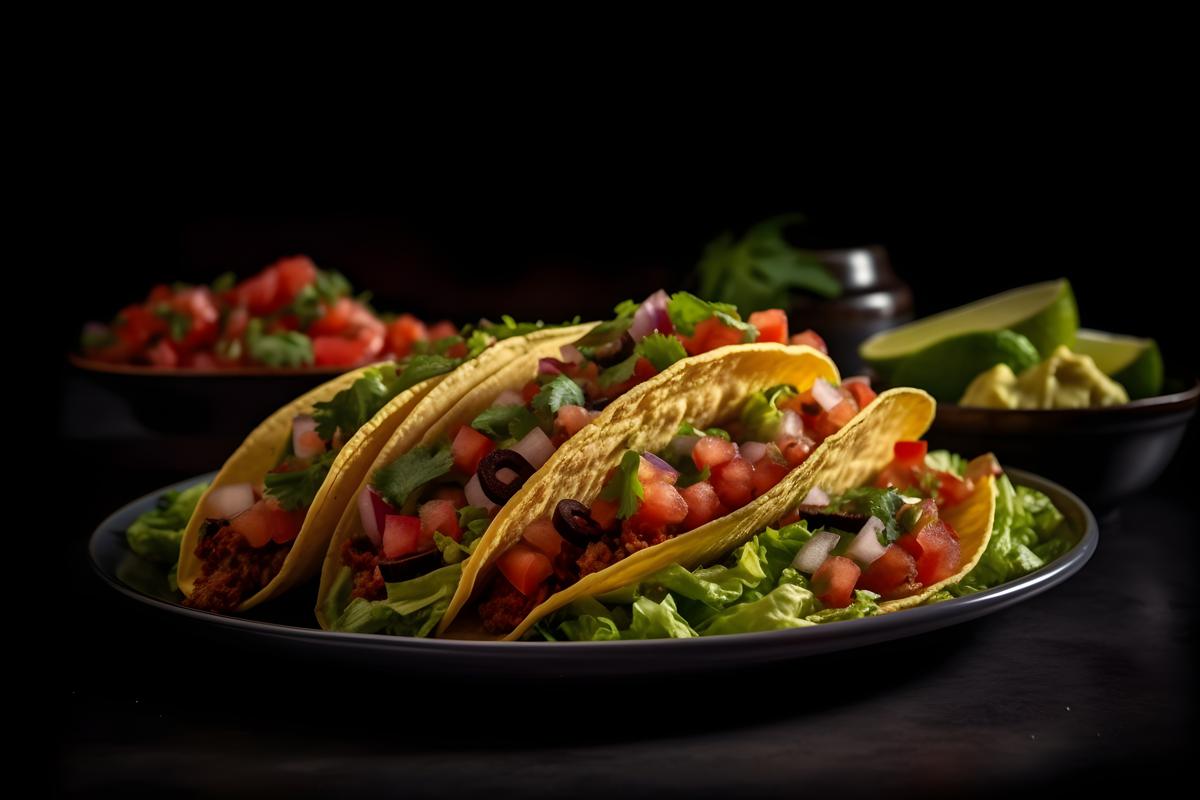 A platter of tacos with salsa and guacamole, macro close-up, black background, realism, hd, 35mm photograph, sharp, sharpened, 8k picture