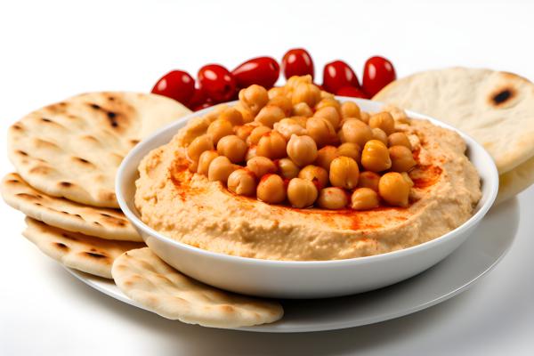 A platter of Mediterranean-style hummus with pita bread, close-up, white background, realism, hd, 35mm photograph, sharp, sharpened, 8k