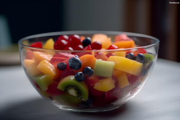 A colorful fruit salad in a glass bowl, close-up, white background, realism, hd, 35mm photograph, sharp, sharpened, 8k