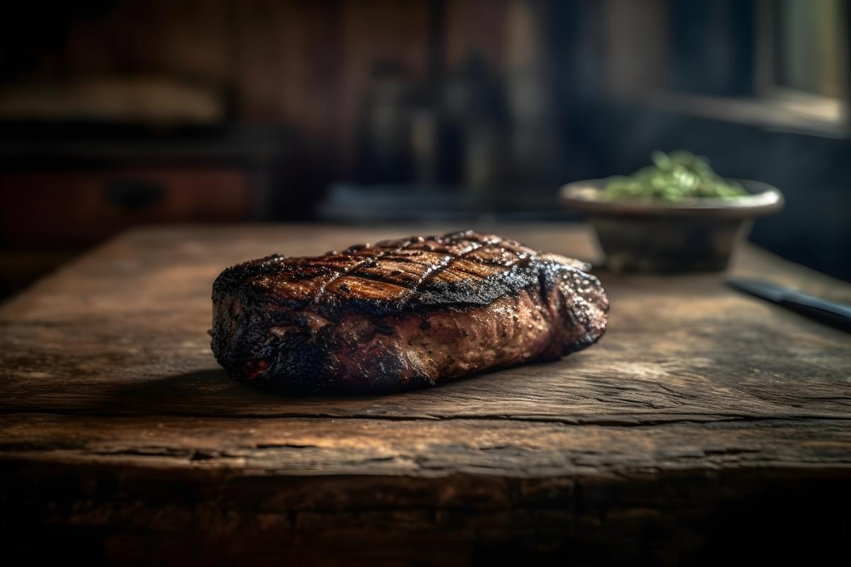 a piece of blackened argentine meet grilled, sitting on a rustic style table realistic, realism, hd, 35mm photograph, sharp, sharpened, 8k picture