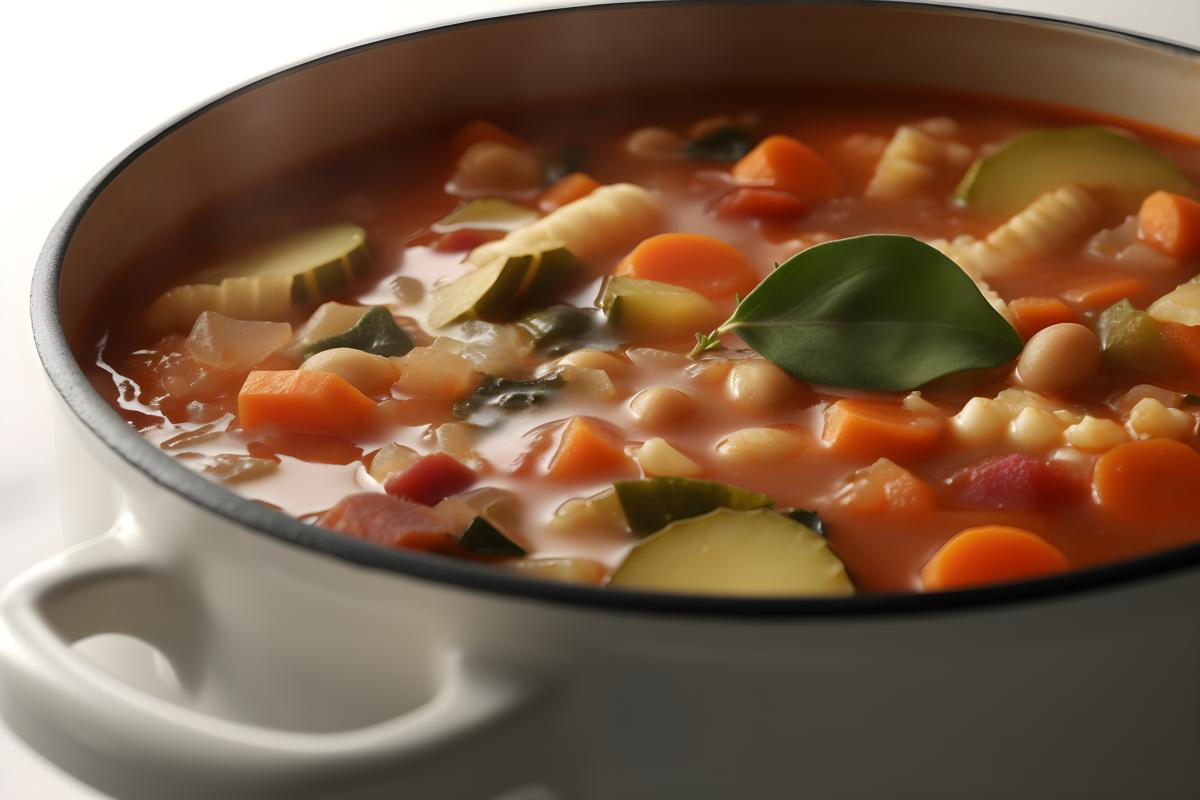 A pot of hearty minestrone soup with beans and vegetables, close-up, white background, realism, hd, 35mm photograph, sharp, sharpened, 8k picture