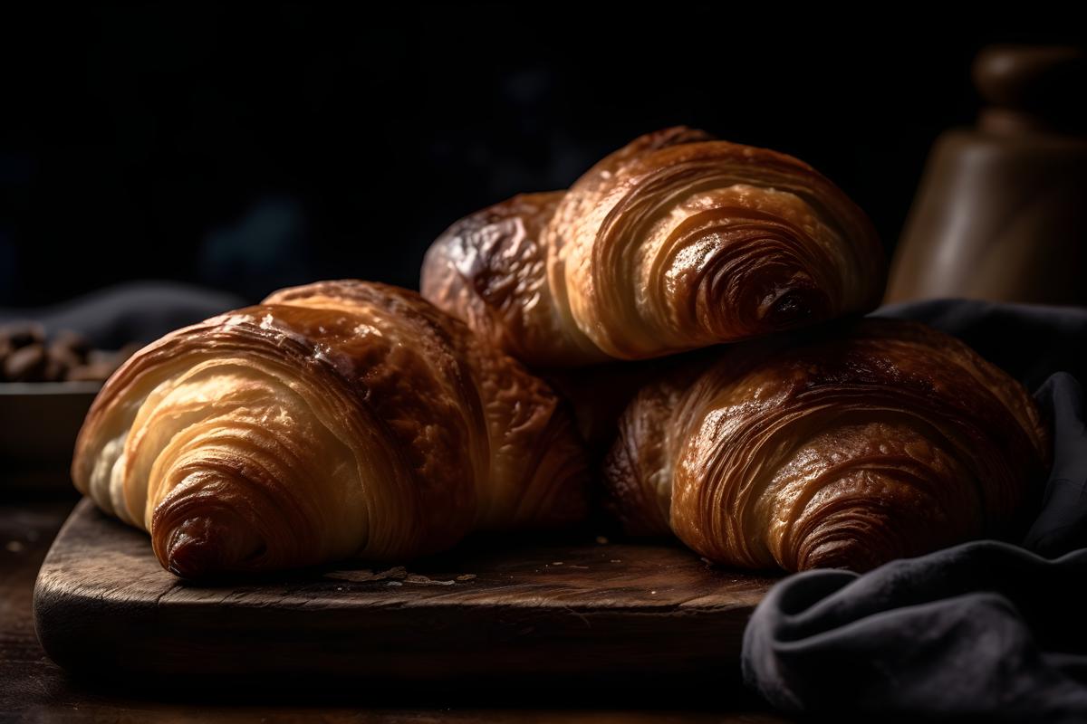 Freshly baked croissants on a wooden table, macro close-up, black background, realism, hd, 35mm photograph, sharp, sharpened, 8k picture
