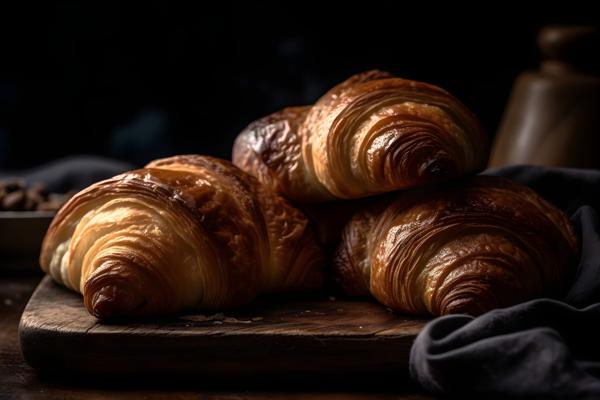 Freshly baked croissants on a wooden table, macro close-up, black background, realism, hd, 35mm photograph, sharp, sharpened, 8k