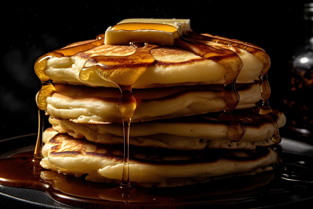 A stack of fluffy pancakes with maple syrup and butter, macro close-up, black background, realism, hd, 35mm photograph, sharp, sharpened, 8k picture