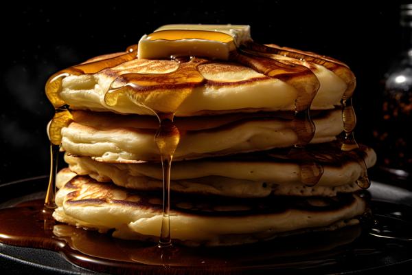A stack of fluffy pancakes with maple syrup and butter, macro close-up, black background, realism, hd, 35mm photograph, sharp, sharpened, 8k