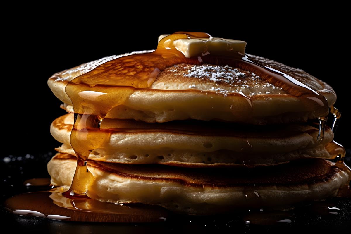 A stack of fluffy pancakes with maple syrup and butter, macro close-up, black background, realism, hd, 35mm photograph, sharp, sharpened, 8k picture