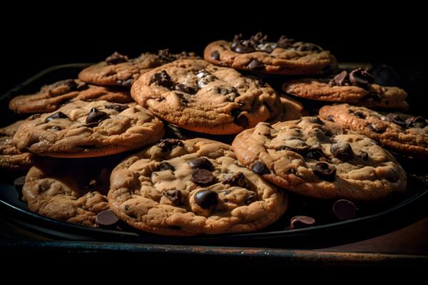 A tray of fresh-baked chocolate chip cookies, macro close-up, black background, realism, hd, 35mm photograph, sharp, sharpened, 8k