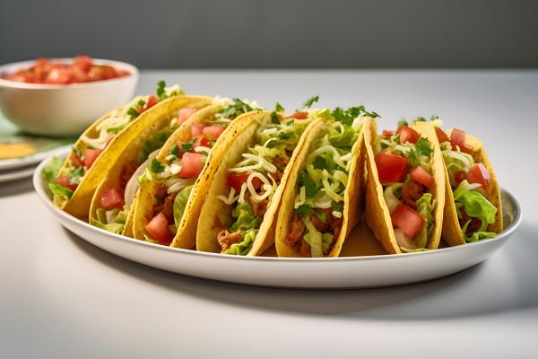A platter of tacos with salsa and guacamole, close-up, white background, realism, hd, 35mm photograph, sharp, sharpened, 8k