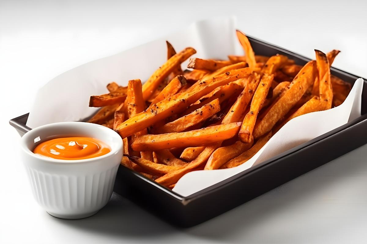 A tray of crispy sweet potato fries with dipping sauce, close-up, white background, realism, hd, 35mm photograph, sharp, sharpened, 8k picture