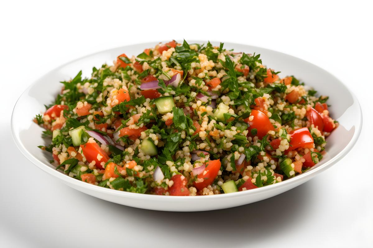 A platter of Mediterranean-style tabbouleh salad, close-up, white background, realism, hd, 35mm photograph, sharp, sharpened, 8k picture
