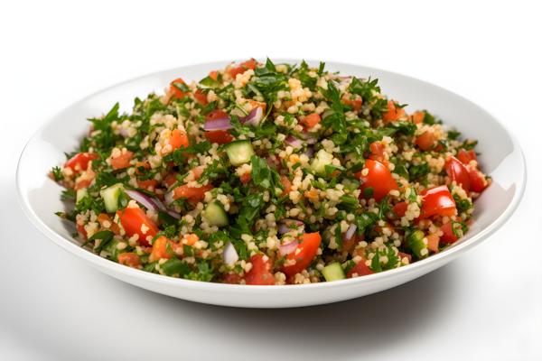 A platter of Mediterranean-style tabbouleh salad, close-up, white background, realism, hd, 35mm photograph, sharp, sharpened, 8k