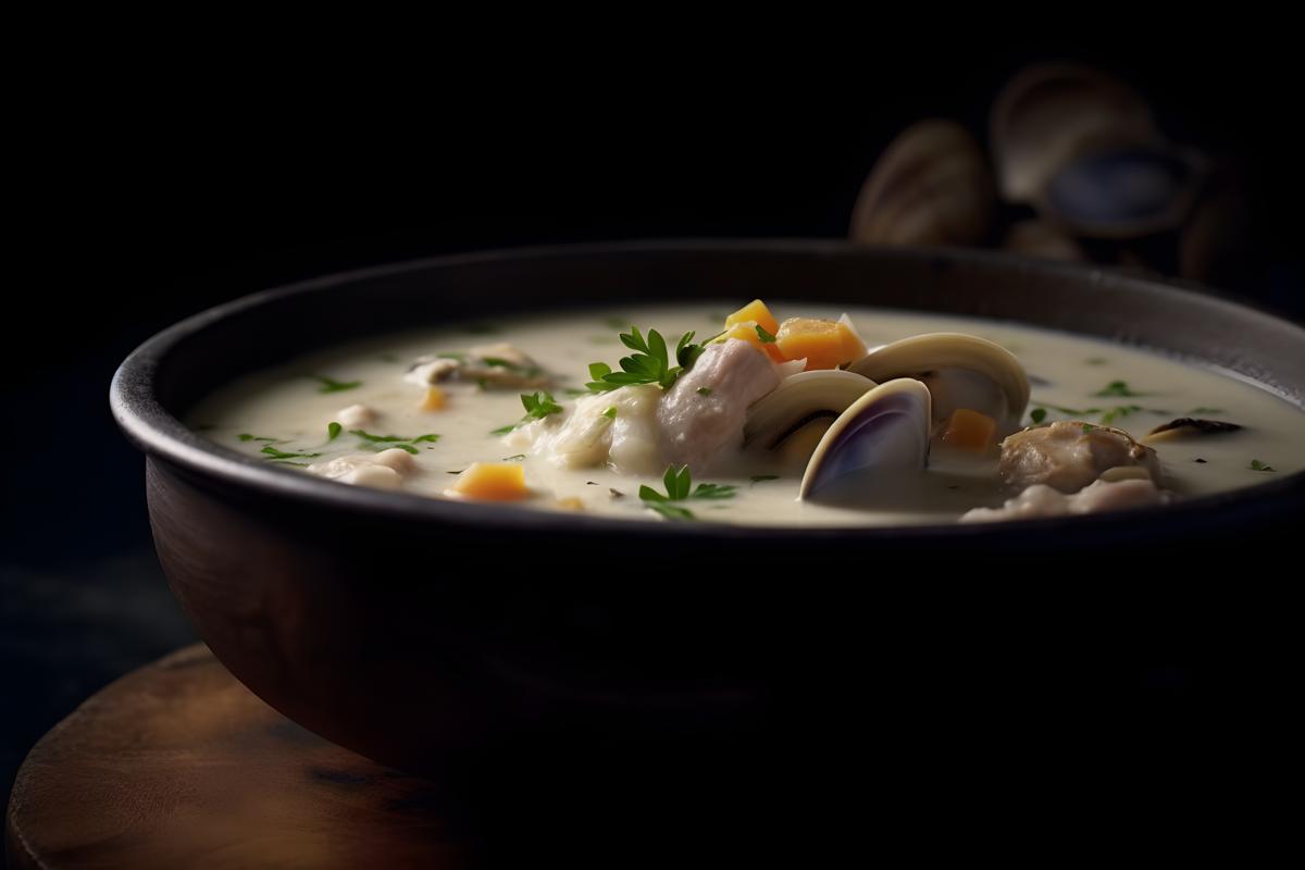 A pot of rich and creamy clam chowder, macro close-up, black background, realism, hd, 35mm photograph, sharp, sharpened, 8k picture