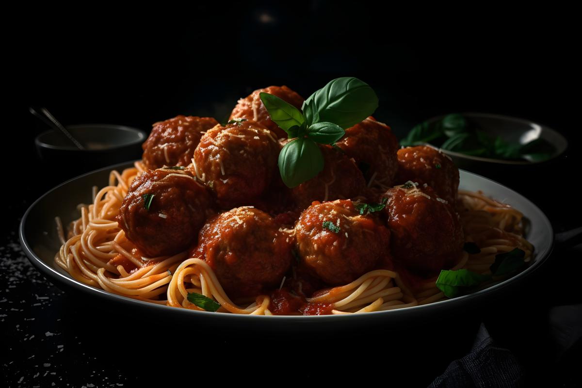 A plate of spaghetti and meatballs with tomato sauce, macro close-up, black background, realism, hd, 35mm photograph, sharp, sharpened, 8k picture