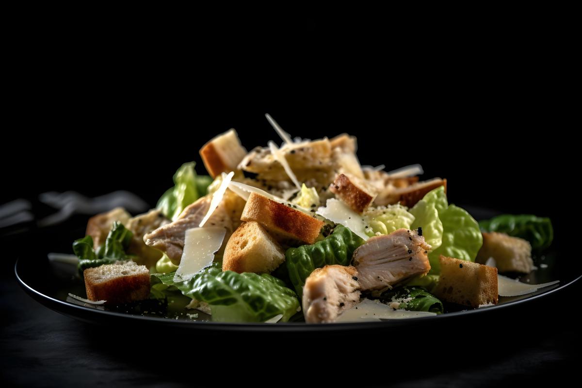 A plate of grilled chicken Caesar salad with croutons, macro close-up, black background, realism, hd, 35mm photograph, sharp, sharpened, 8k picture