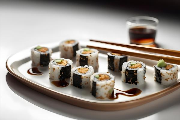 A platter of sushi rolls with soy sauce and chopsticks, close-up, white background, realism, hd, 35mm photograph, sharp, sharpened, 8k