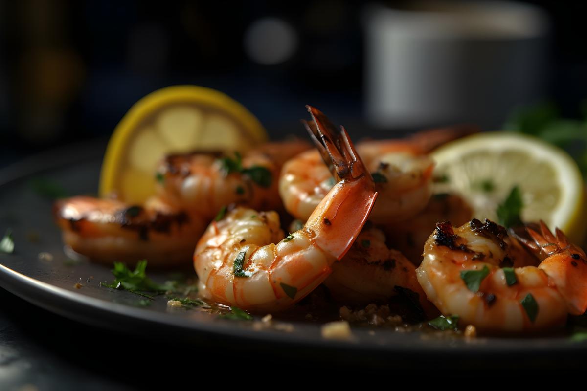 A plate of grilled shrimp with lemon and herbs, close-up, white background, realism, hd, 35mm photograph, sharp, sharpened, 8k picture