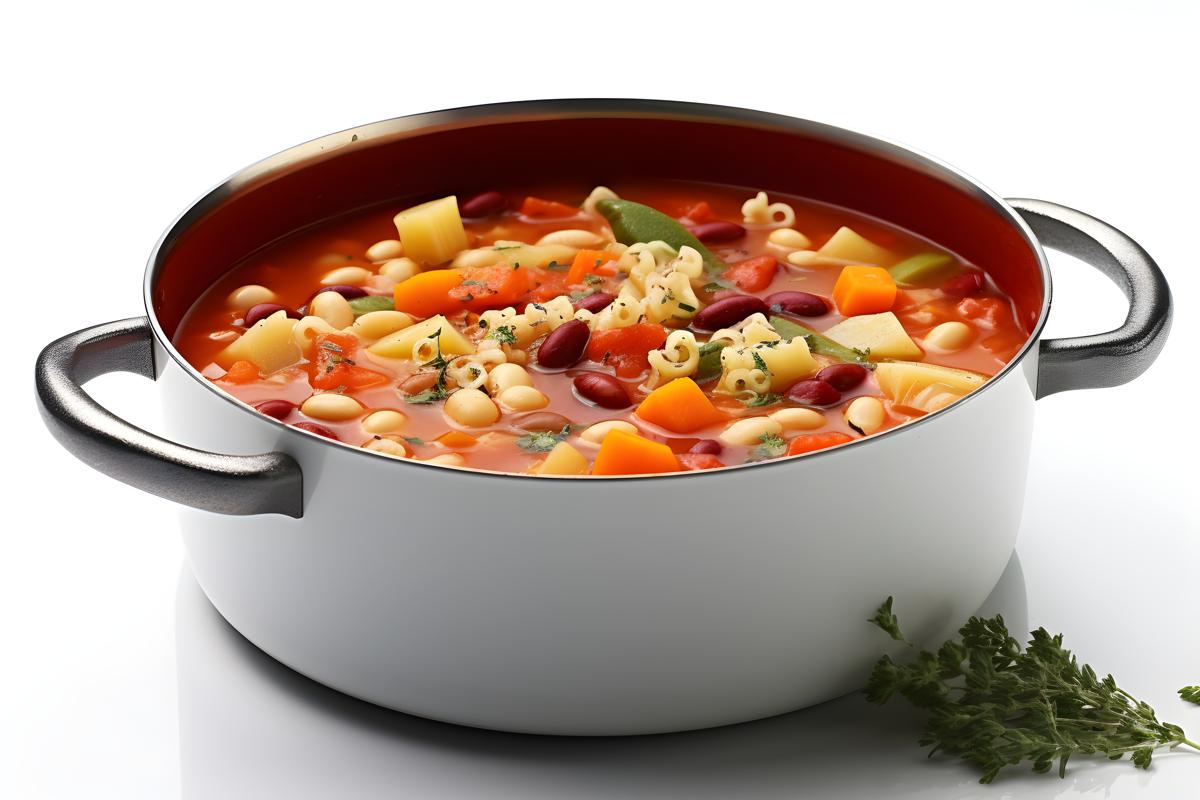 A pot of hearty minestrone soup with beans and vegetables, close-up, white background, realism, hd, 35mm photograph, sharp, sharpened, 8k picture