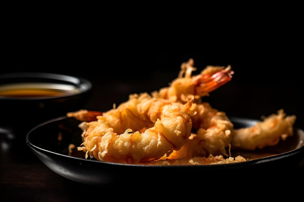 A tray of crispy tempura shrimp with dipping sauce., macro close-up, black background, realism, hd, 35mm photograph, sharp, sharpened, 8k picture