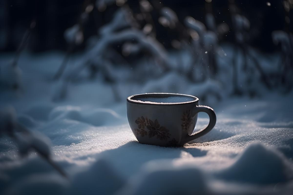 a cup of coffee buried in the snow, realism, hd, 35mm photograph, sharp, sharpened, 8k picture