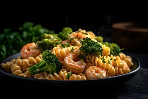 A plate of creamy pasta with shrimp and broccoli, macro close-up, black background, realism, hd, 35mm photograph, sharp, sharpened, 8k