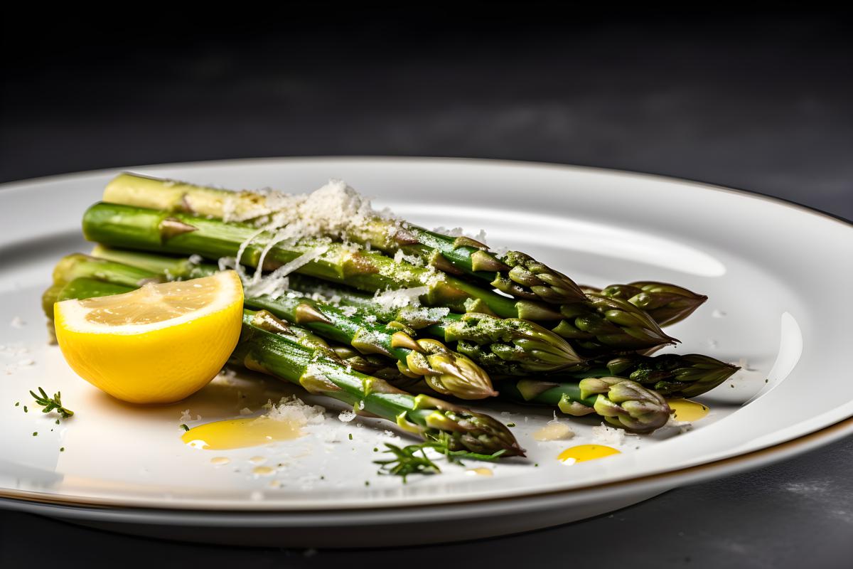 A plate of grilled asparagus with lemon and parmesan, close-up, white background, realism, hd, 35mm photograph, sharp, sharpened, 8k picture