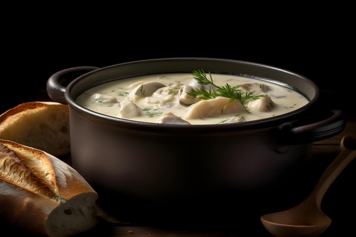 A pot of rich and creamy clam chowder, macro close-up, black background, realism, hd, 35mm photograph, sharp, sharpened, 8k picture