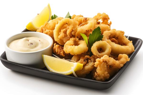 A tray of crispy fried calamari with lemon and aioli sauce, close-up, white background, realism, hd, 35mm photograph, sharp, sharpened, 8k