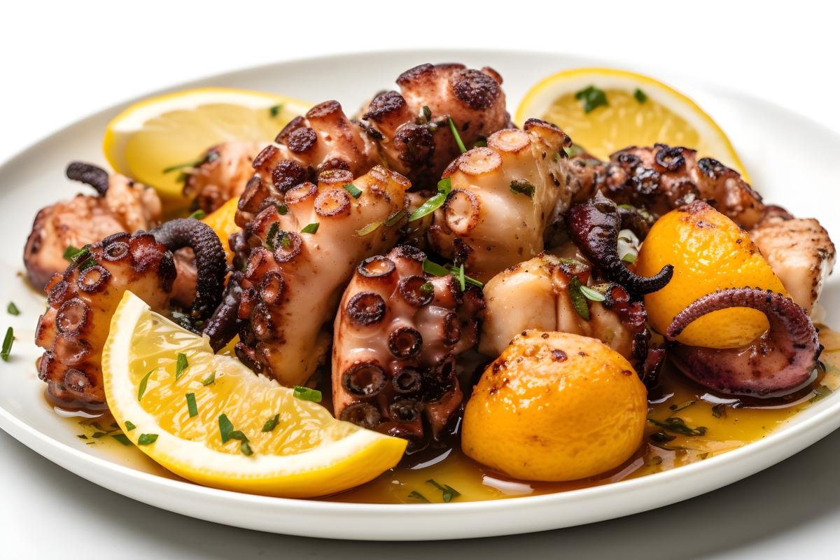 A plate of grilled octopus with lemon and garlic, close-up, white background, realism, hd, 35mm photograph, sharp, sharpened, 8k picture