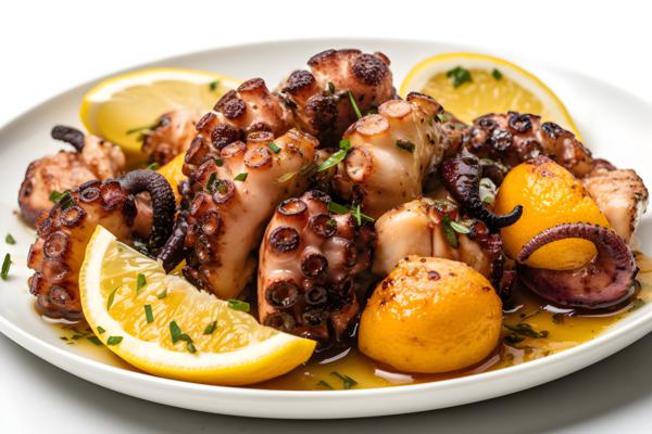 A plate of grilled octopus with lemon and garlic, close-up, white background, realism, hd, 35mm photograph, sharp, sharpened, 8k