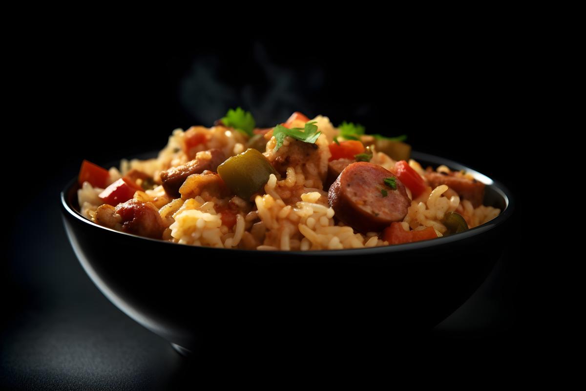 A bowl of spicy jambalaya with rice and sausage, macro close-up, black background, realism, hd, 35mm photograph, sharp, sharpened, 8k picture