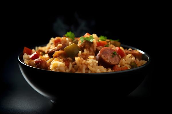 A bowl of spicy jambalaya with rice and sausage, macro close-up, black background, realism, hd, 35mm photograph, sharp, sharpened, 8k