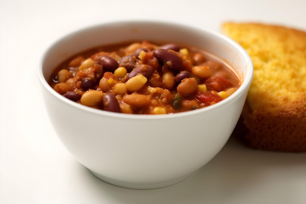 A bowl of hot chili with a side of cornbread, close-up, white background, realism, hd, 35mm photograph, sharp, sharpened, 8k picture