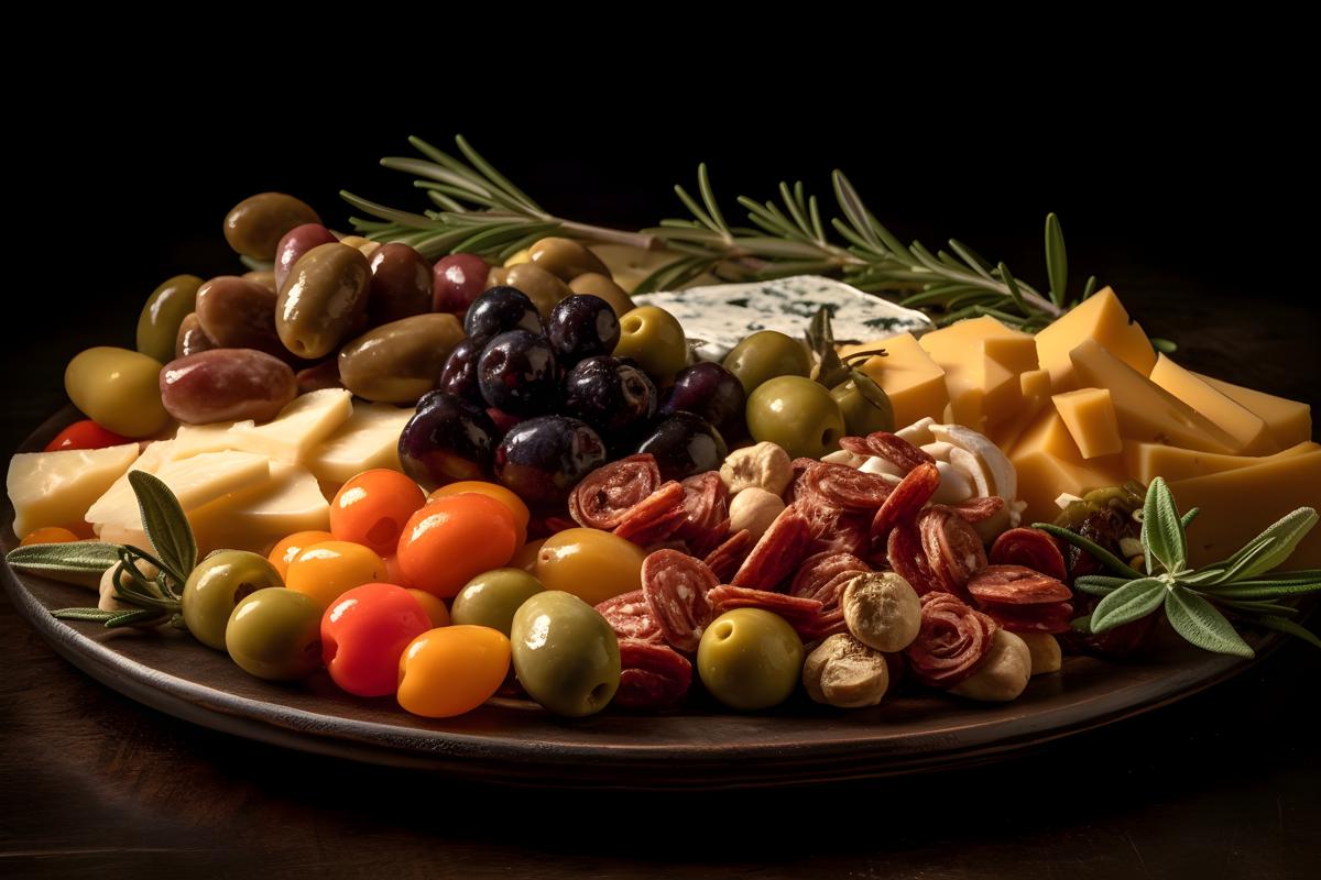 A platter of assorted antipasti with olives and cheese, macro close-up, black background, realism, hd, 35mm photograph, sharp, sharpened, 8k picture