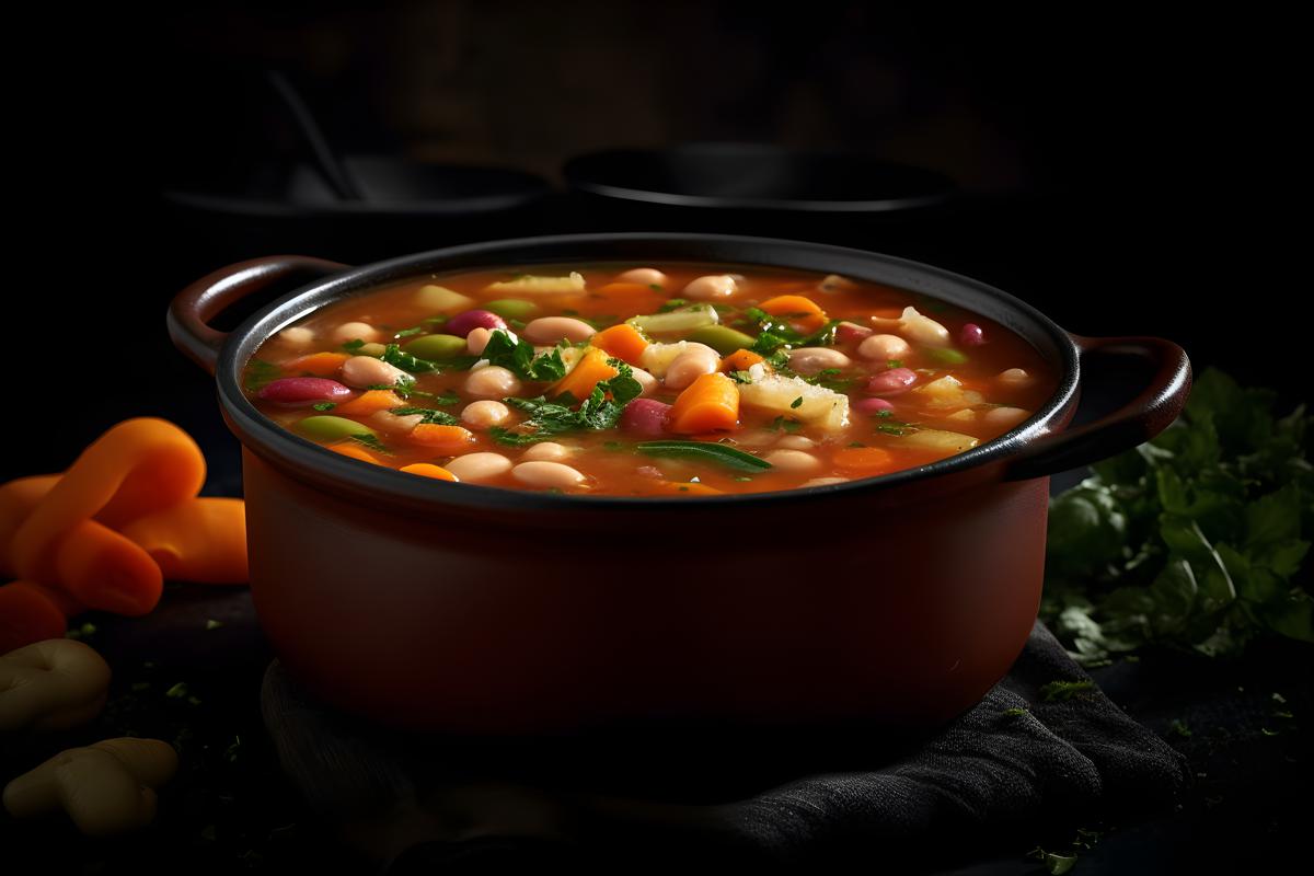 A pot of hearty minestrone soup with beans and vegetables, macro close-up, black background, realism, hd, 35mm photograph, sharp, sharpened, 8k picture