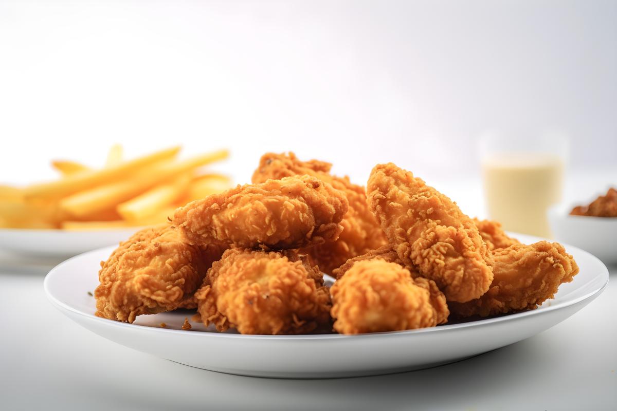 A plate of crispy fried chicken with french fries, close-up, white background, realism, hd, 35mm photograph, sharp, sharpened, 8k picture