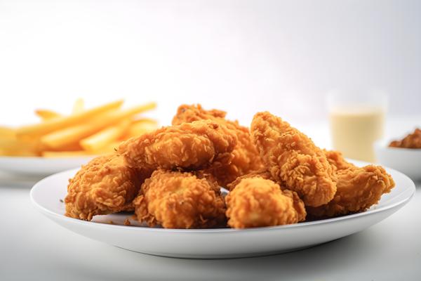 A plate of crispy fried chicken with french fries, close-up, white background, realism, hd, 35mm photograph, sharp, sharpened, 8k