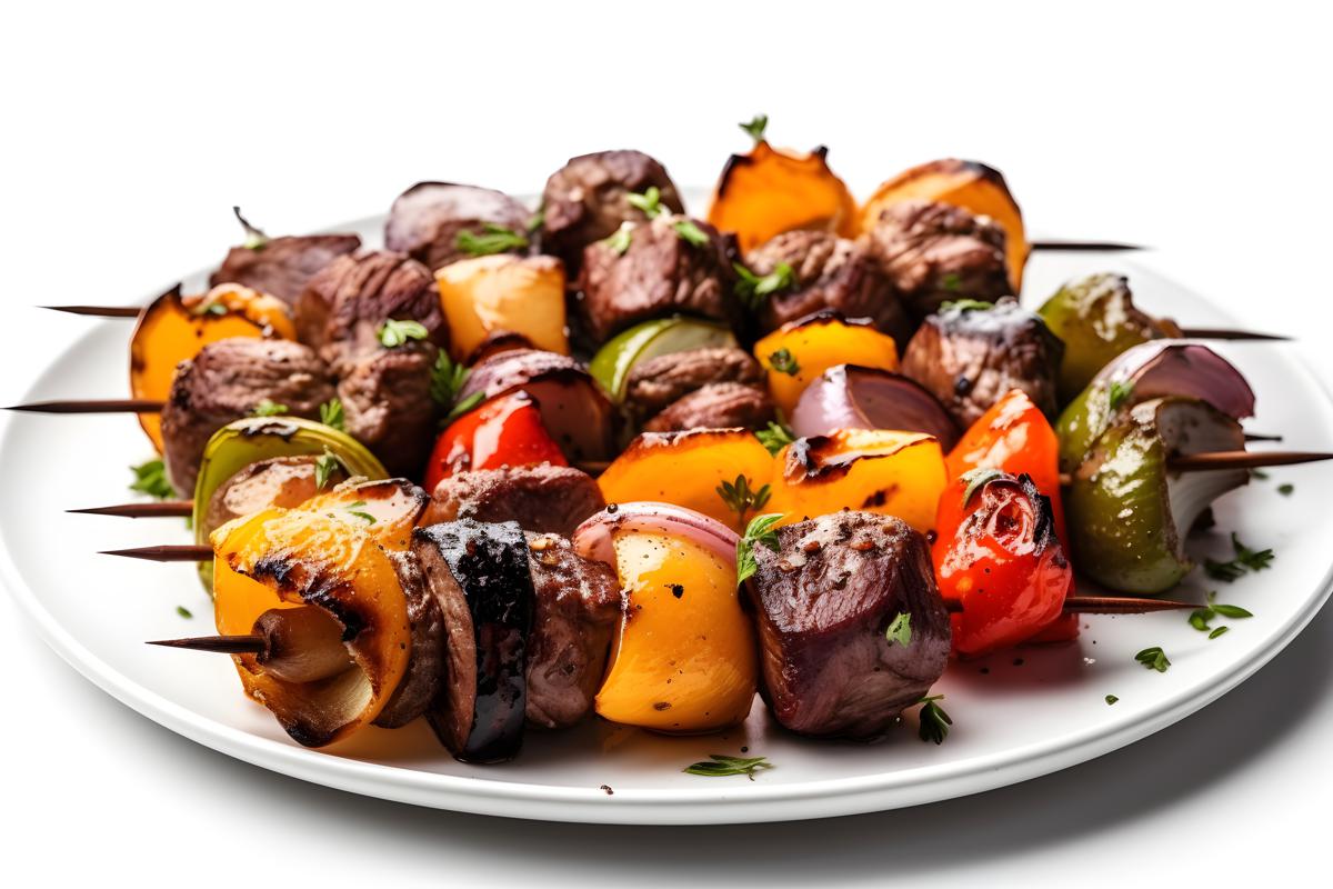 A plate of grilled beef kebabs with vegetables, close-up, white background, realism, hd, 35mm photograph, sharp, sharpened, 8k picture