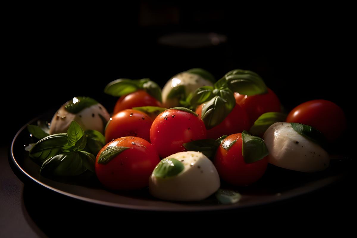 A platter of Italian-style caprese salad with tomatoes and mozzarella, macro close-up, black background, realism, hd, 35mm photograph, sharp, sharpened, 8k picture