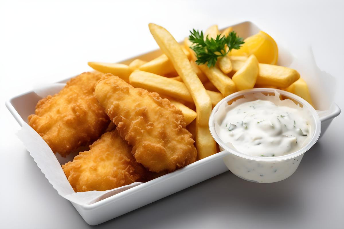 A tray of crispy fish and chips with tartar sauce, close-up, white background, realism, hd, 35mm photograph, sharp, sharpened, 8k picture