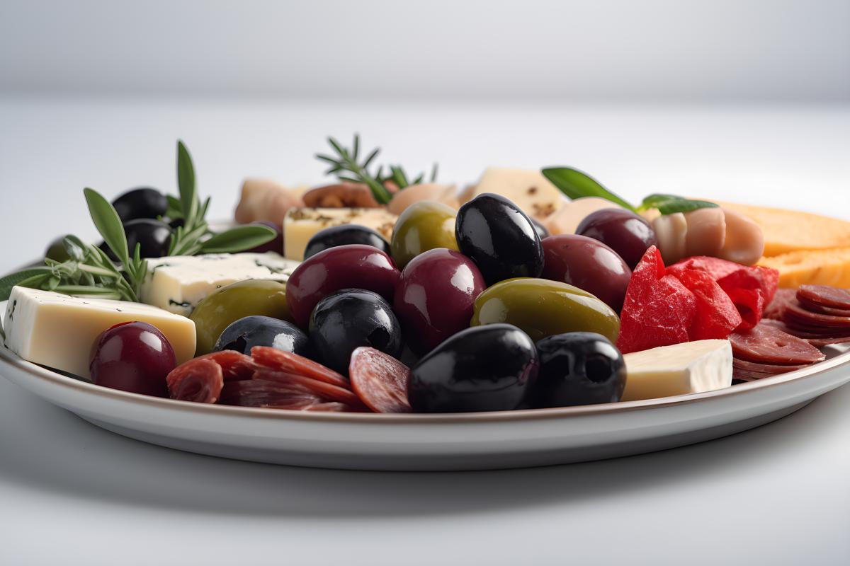 A platter of assorted antipasti with olives and cheese, close-up, white background, realism, hd, 35mm photograph, sharp, sharpened, 8k picture